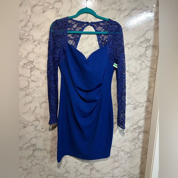 NEW GUESS Lace Sleeve Scuba Crepe Sheath Dress, Cobalt, Size 14 Long Sleeves - Picture 4 of 15